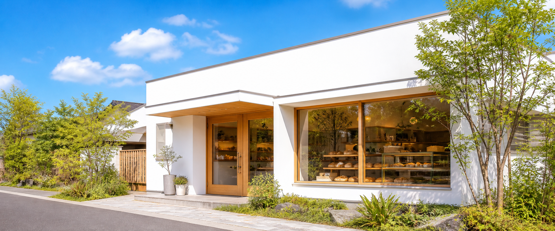 スターライトベーカリーの外観。白壁と木の扉のお店